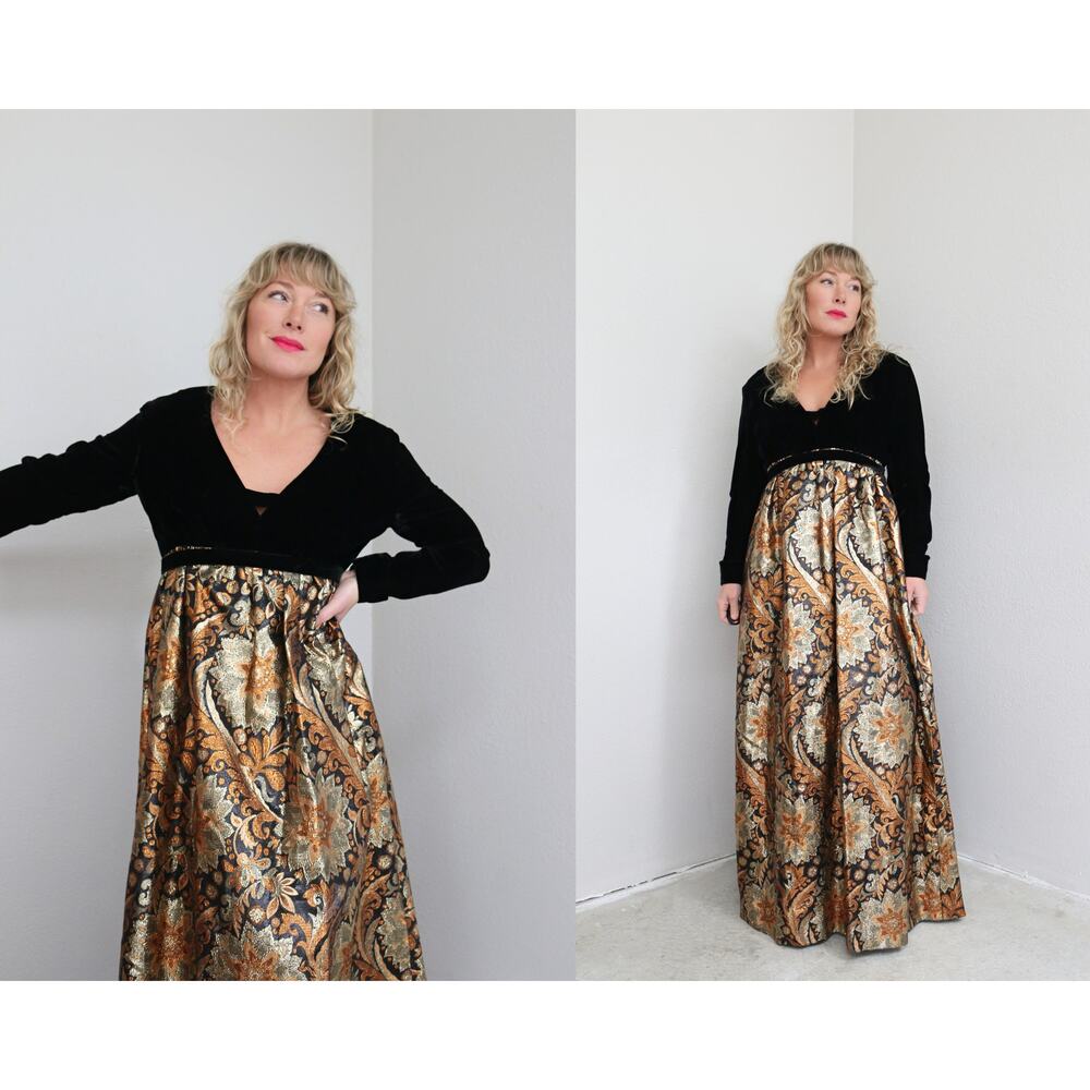1970's Vintage Metallic Gold Folk Hostess Gown Party Dress ~ Women's SM MD